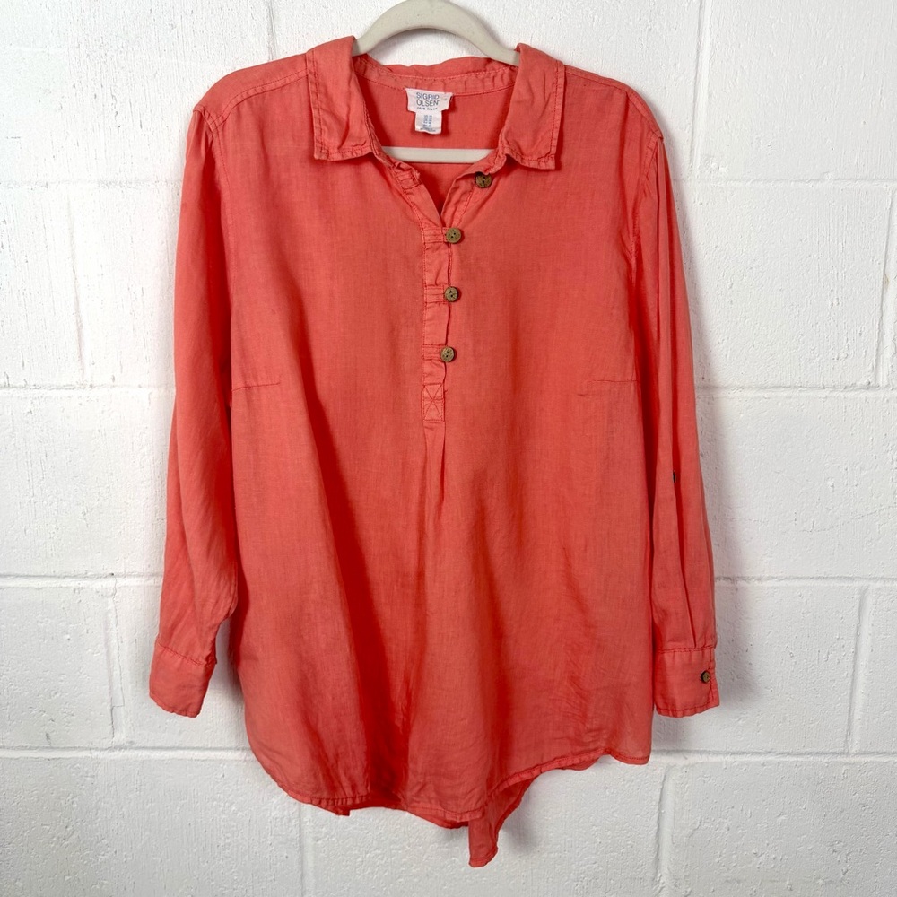 Sigrid Olsen Popover Tunic 100% Linen‎ Roll Tab Sleeves Beach Coastal Earthy 1X